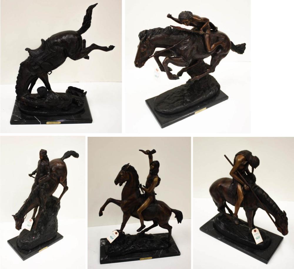 Appraisal: FIVE WESTERN BRONZE HORSE RIDER SCULPTURES including four after Frederic