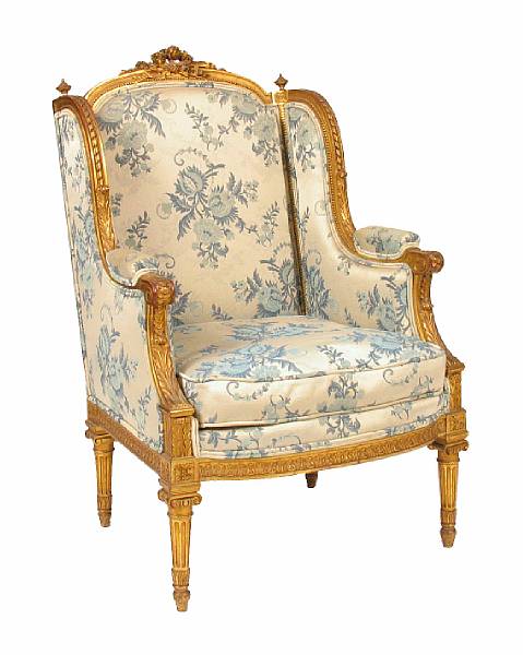 Appraisal: A Louis XVI style giltwood bergere armchair height in width