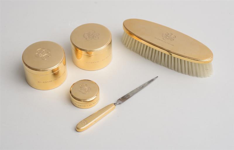 Appraisal: TIFFANY CO MONOGRAMMED AND INCISED K GOLD FIVE-PIECE DRESSING TABLE