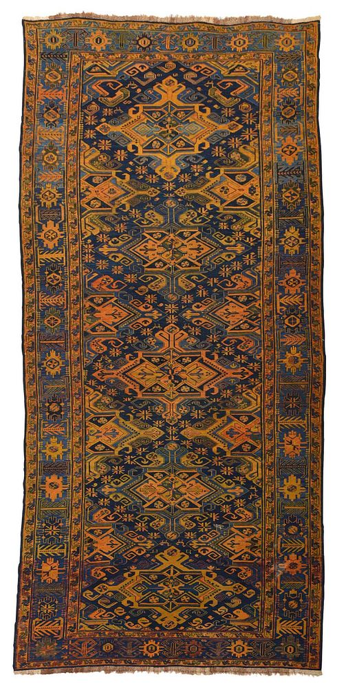 Appraisal: Soumak Gallery Rug th century dark blue field with geometric