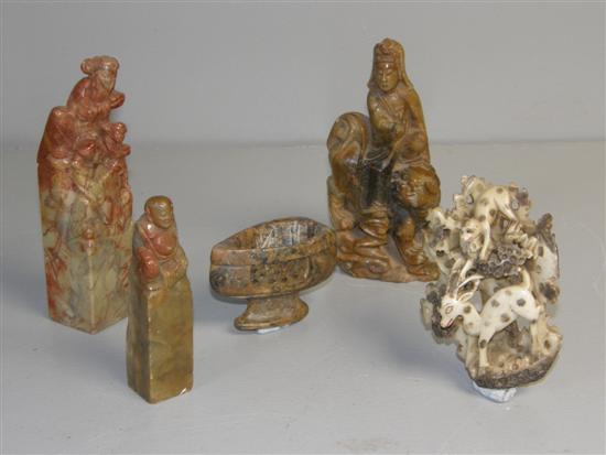 Appraisal: Five various soapstone carvings to include a Chinese carving of