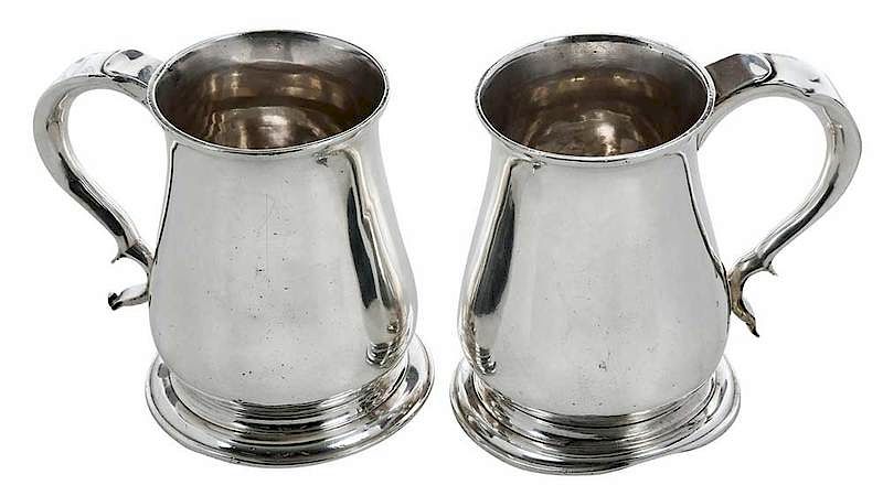 Appraisal: Pair of English Silver Mugs London shaped body and conforming