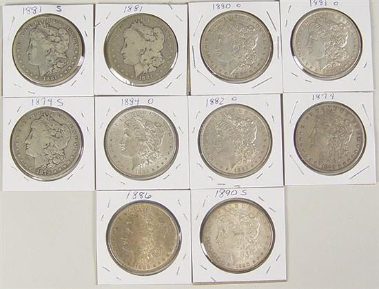 Appraisal: Ten Morgan Dollars -S -O -O -S -O -O and