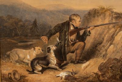 Appraisal: After Sir Henry Edwin Landseer Hunter with Dogs watercolour cm