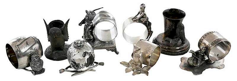 Appraisal: Eight Silver Plate Napkin Rings Toothpick Holders six figural napkin