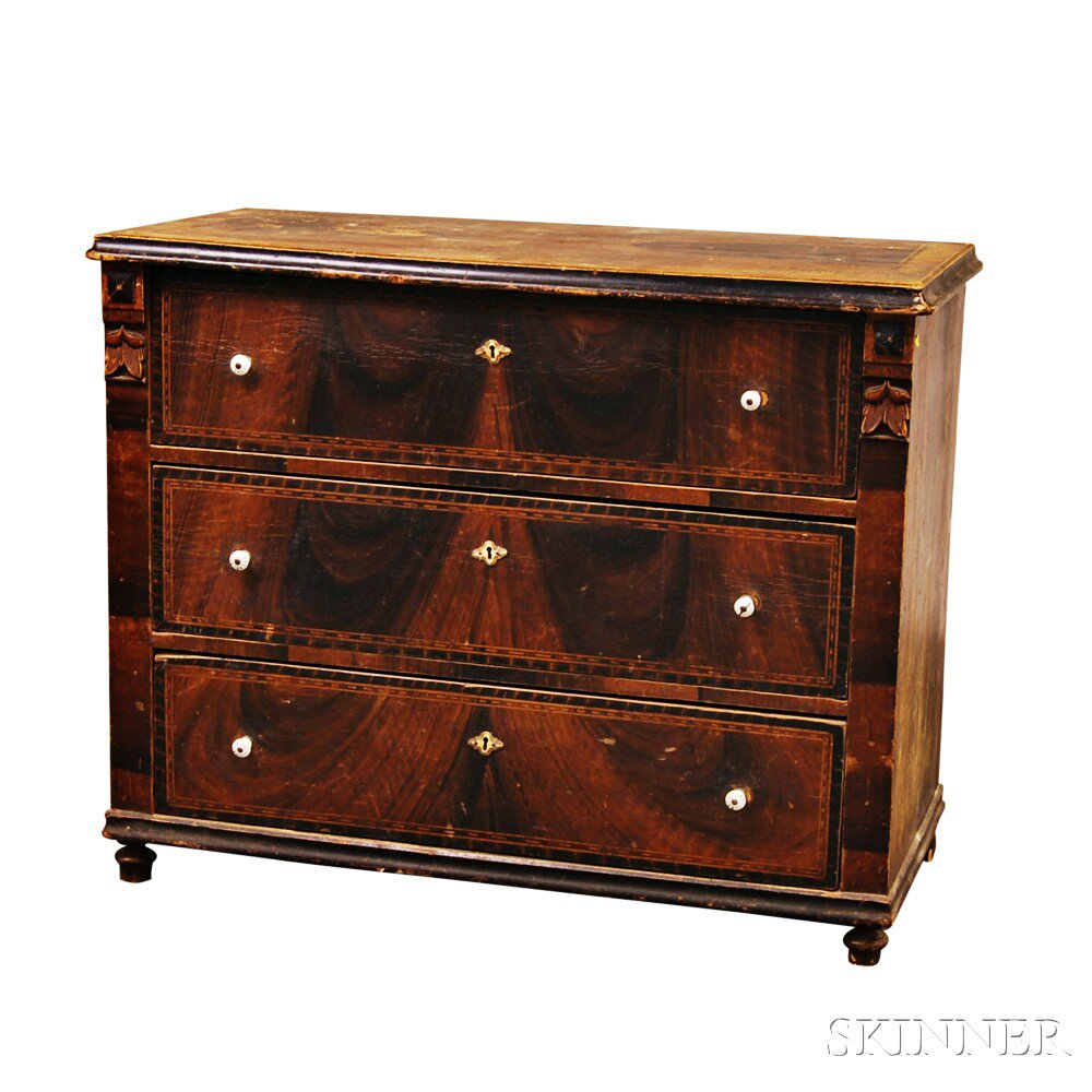 Appraisal: Three-drawer Carved and Grain-painted Chest mid- th century molded rectangular