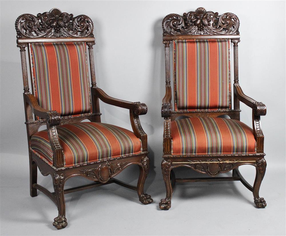 Appraisal: PAIR OF RENAISSANCE REVIVAL STYLE CARVED OAK ARM CHAIRS with