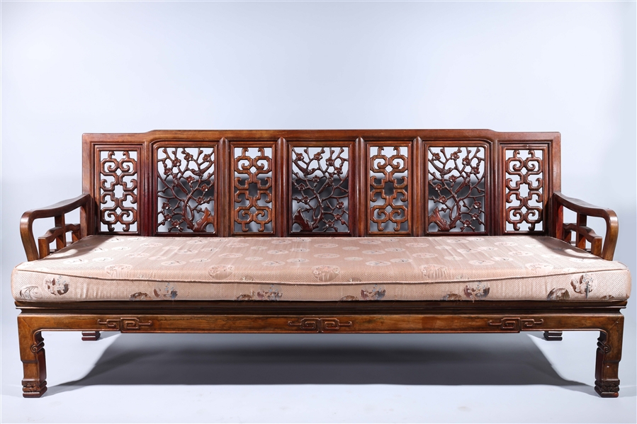 Appraisal: Ornate Chinese Carved Wood Bench with silk cushion x x