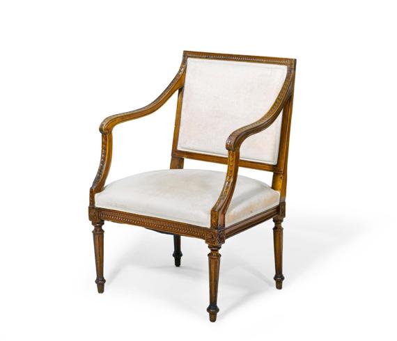 Appraisal: ARMCHAIR Louis XVI probably Austria Carved walnut Beige velvet covers