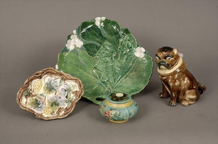 Appraisal: Four Majolica Articles Including a large leaf-form footed dish pug-form