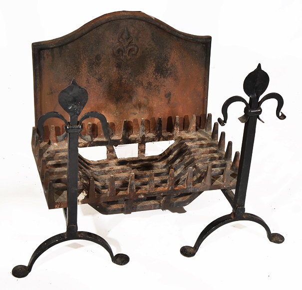 Appraisal: A PAIR OF BLACK PAINTED WROUGHT IRON ANDIRONS with fleur