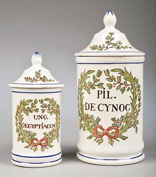 Appraisal: Two Graduated French Apothecary Jars c blue-banded and transfer decorated