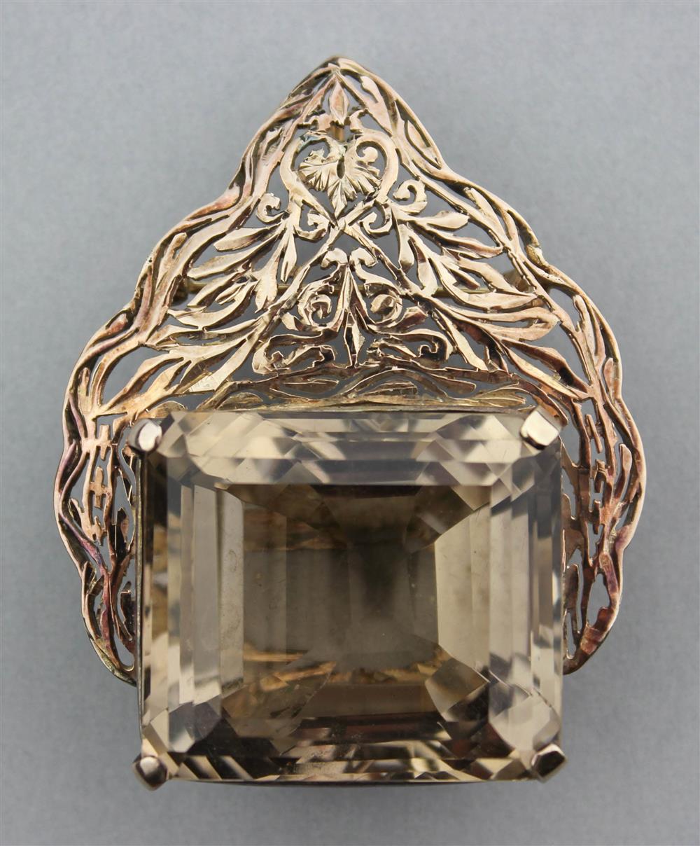 Appraisal: SMOKY QUARTZ PENDANT BROOCH IN SILVER GILT smoky quartz has