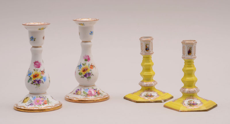 Appraisal: PAIR OF MEISSEN YELLOW-GROUND R GENCE STYLE SHORT CANDLESTICKS AND