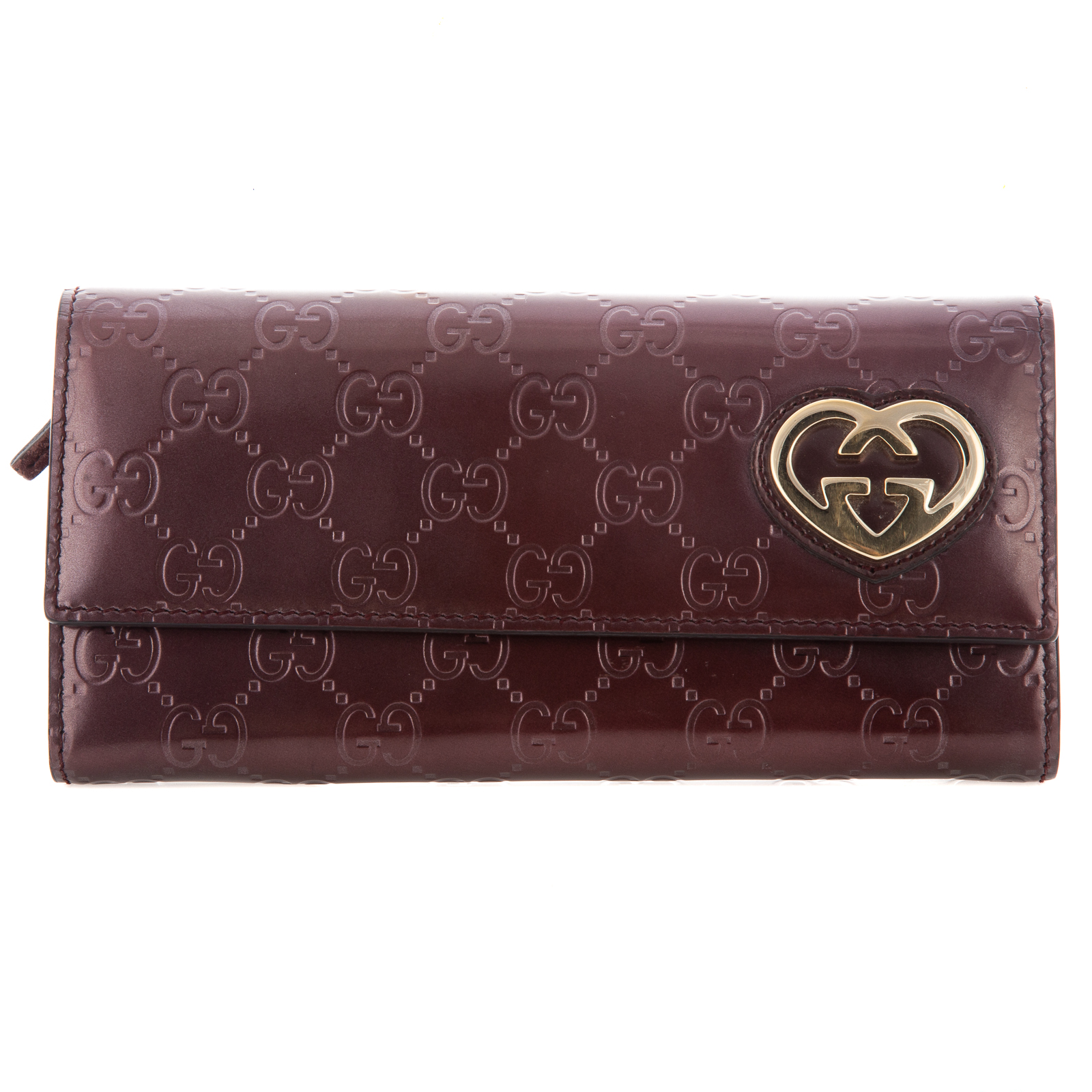 Appraisal: A GUCCI LOVELY HEART BIFOLD WALLET A burgundy Guccissima patent