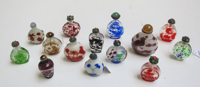 Appraisal: FOURTEEN CHINESE GLASS SNUFF BOTTLES most Peking cameo glass in