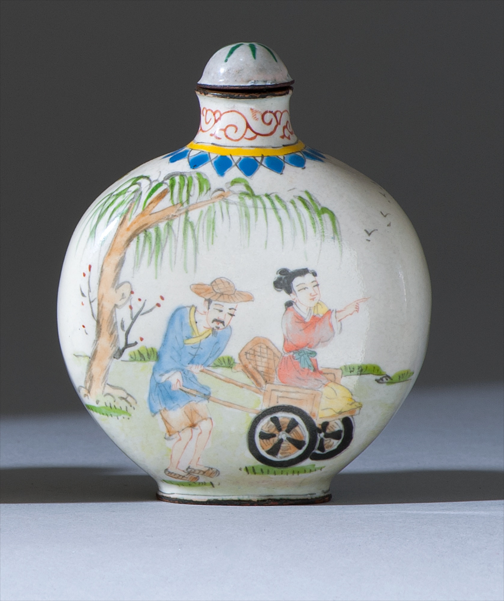 Appraisal: PAINTED ENAMEL SNUFF BOTTLE th CenturyIn flattened ovoid form with