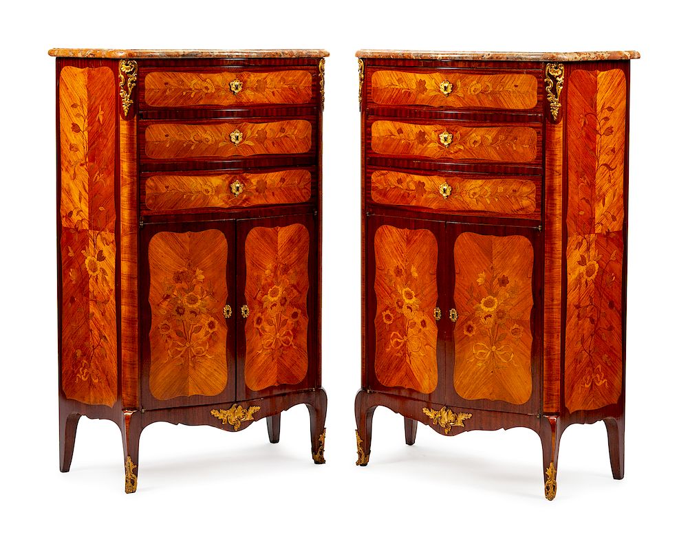 Appraisal: A Pair of Louis XV Style Marquetry Tall Chests A