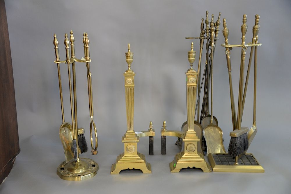 Appraisal: Brass tools and andiron group Brass tools and andiron group