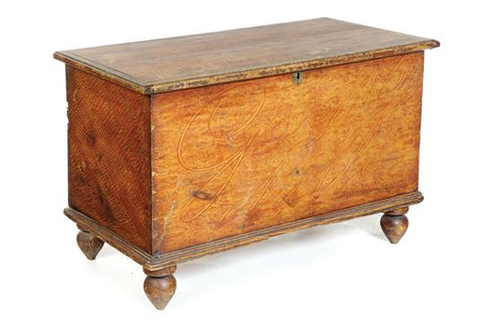 Appraisal: DECORATED BLANKET CHEST Probably Pennsylvania dated pine Dovetailed case turned