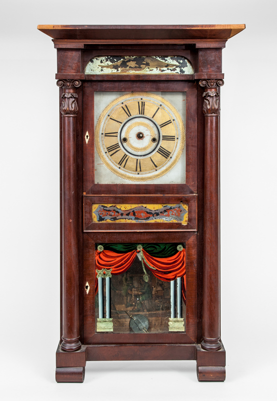 Appraisal: CLASSICAL MAHOGANY SHELF CLOCK With figural panel 'Total Absentinence' enclosed