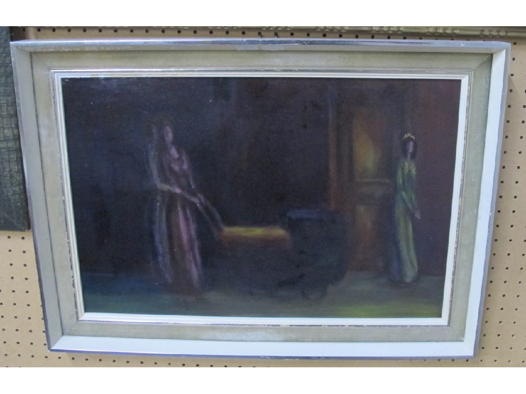 Appraisal: Oil on board of figures in an interior