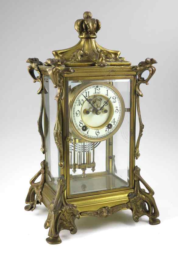 Appraisal: NEW HAVEN ART NOUVEAU CRYSTAL REGULATOR CLOCK Ornate foliate and