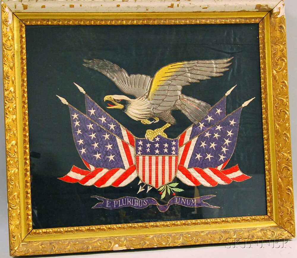 Appraisal: Patriotic Asian Export Silk Embroidered Picture depicting a spreadwing eagle