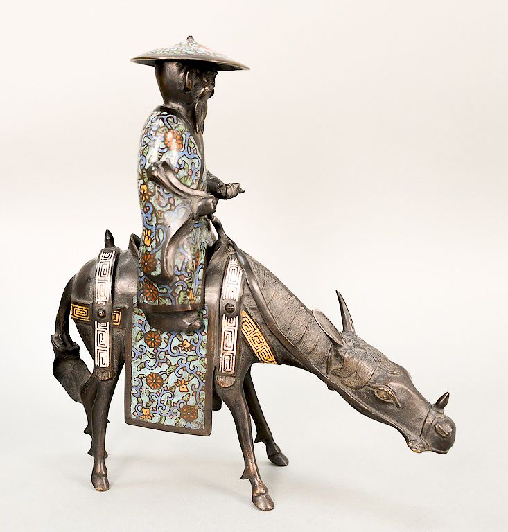 Appraisal: Bronze and cloisonn equestrian figure probably of Lao Tzu riding