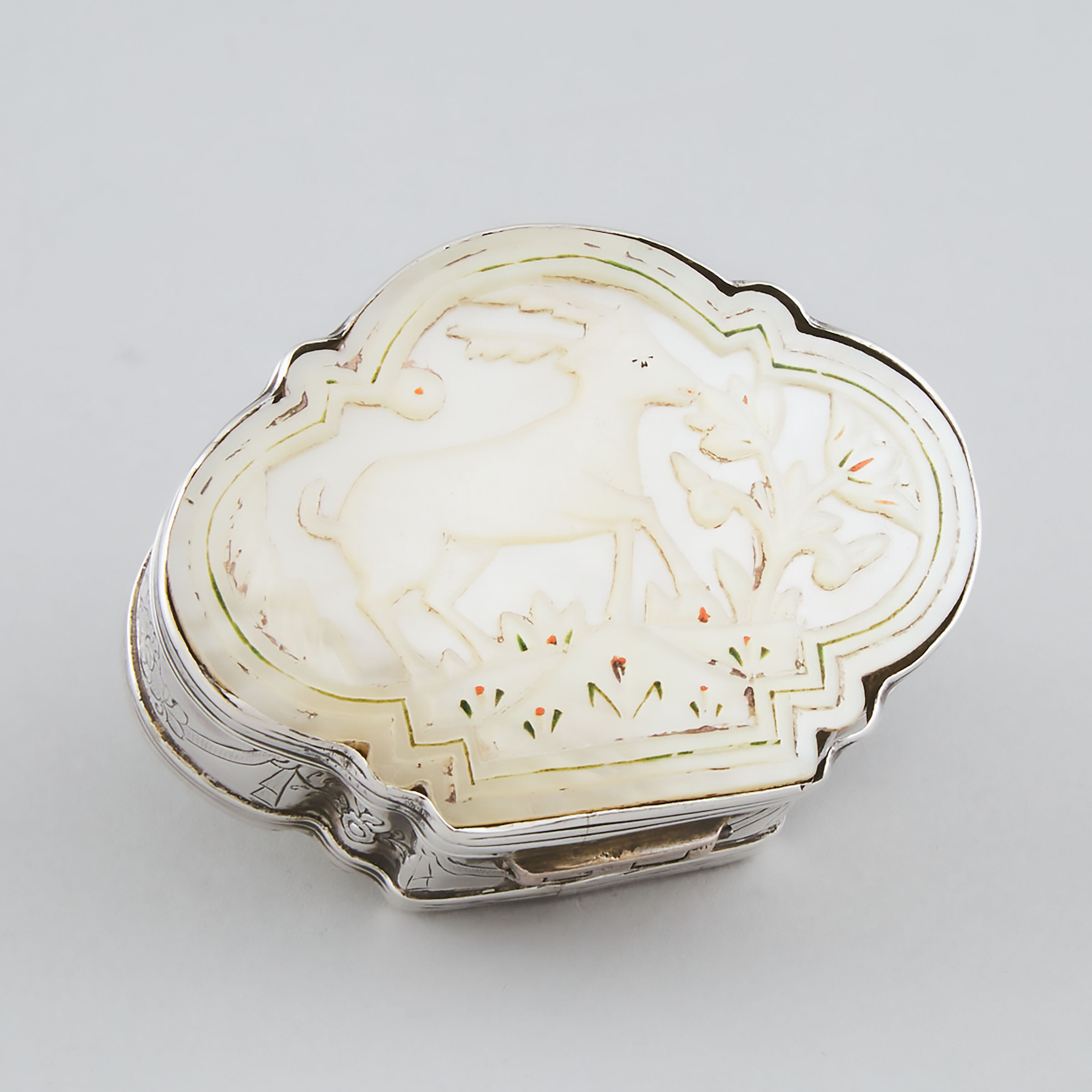 Appraisal: Continental Silver and Engraved Mother-of-Pearl Snuff Box late th early