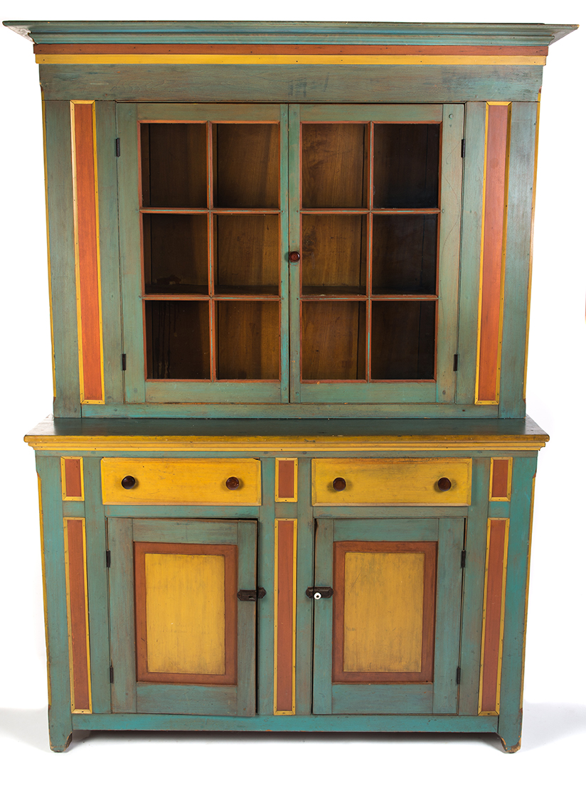 Appraisal: AMERICAN STEPBACK CUPBOARD Mid th century Poplar two-piece cupboard with