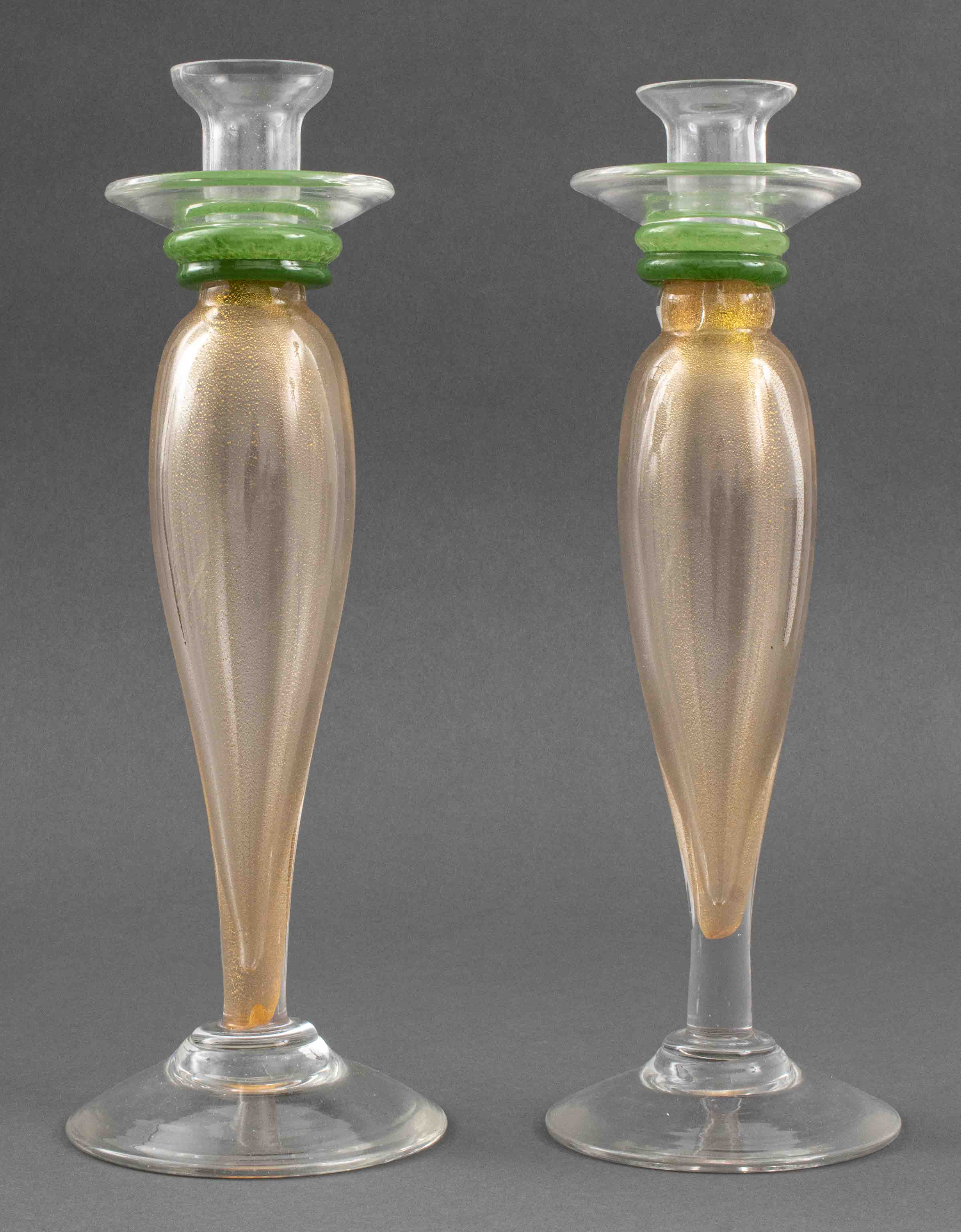 Appraisal: MURANO ITALIAN GLASS CANDLESTICKS PAIR Pair of Murano Italian avventurina