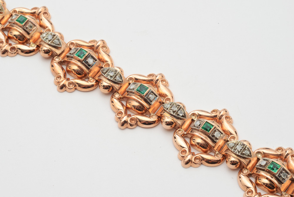 Appraisal: K ROSE GOLD DIAMOND AND EMERALD BRACELET Cartouche shaped repousse