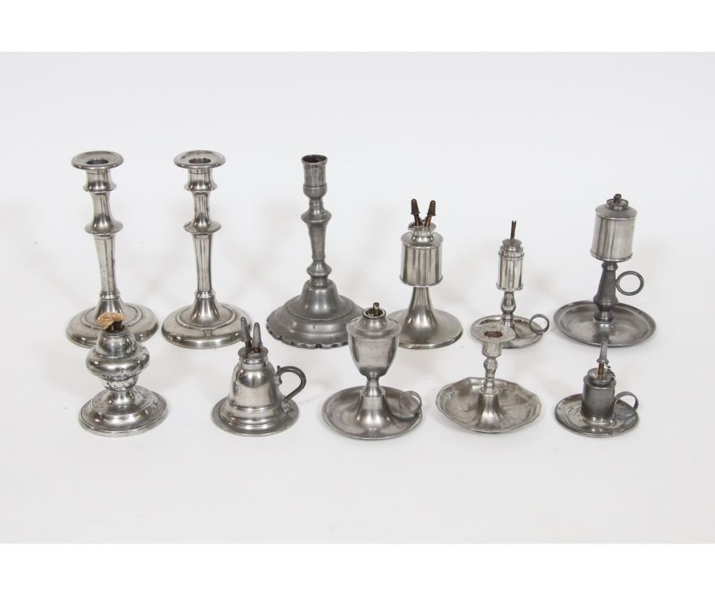 Appraisal: Eleven pieces of pewter lighting mostly th c to include