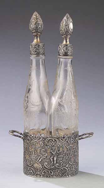 Appraisal: An Antique Continental Silver and Engraved Glass Decanter Set c