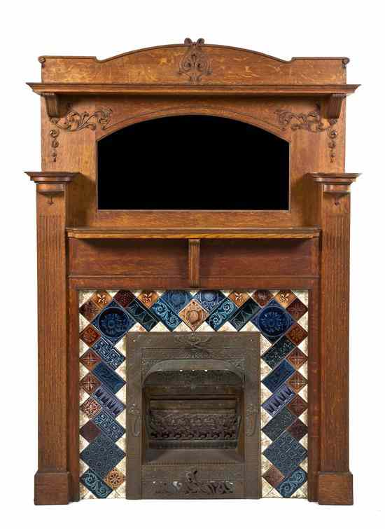 Appraisal: An American Late Victorian Oak Tile Inset and Iron Mantel