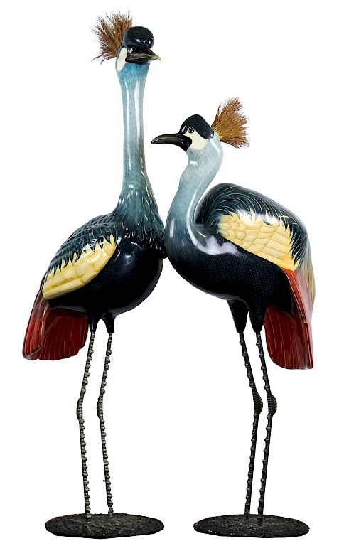 Appraisal: PAIR Signed Mexican Folk Art Crane Bird Sculptures Vintage pair