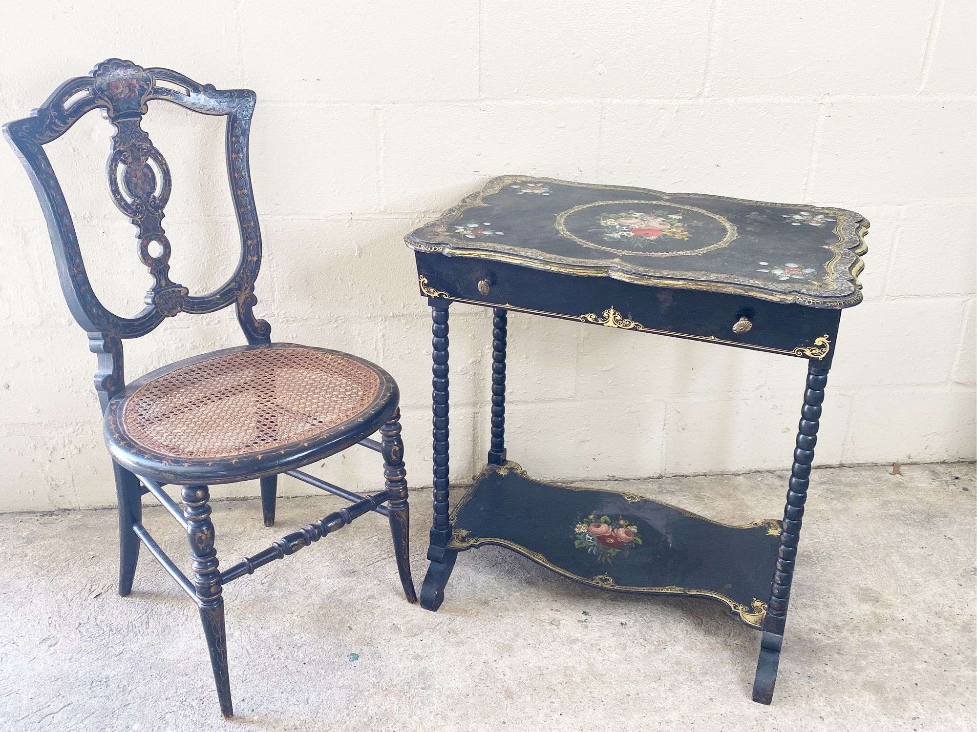 Appraisal: Victorian Painted Papier Mache Writing Table and Chair tall top