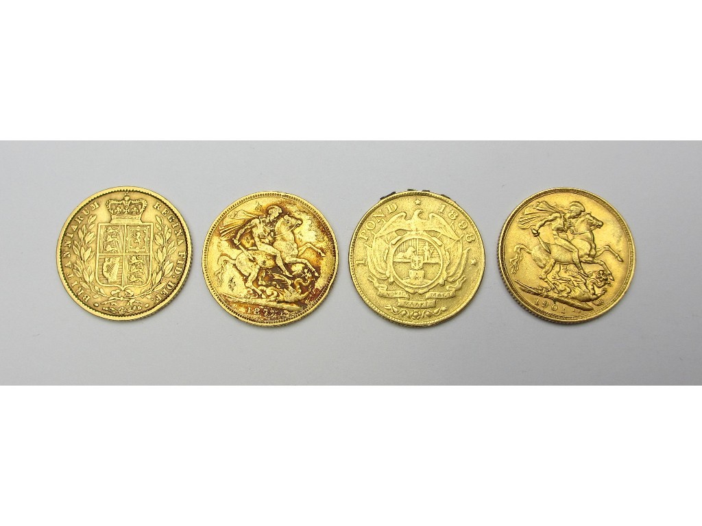 Appraisal: Four gold coins to include two young Victoria head sovereigns