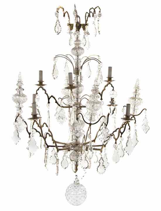 Appraisal: A Continental Bronze and Glass Eight-Light Chandelier having a baluster