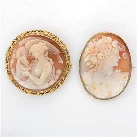 Appraisal: Two Gold and Shell Cameo Brooches Estimate -