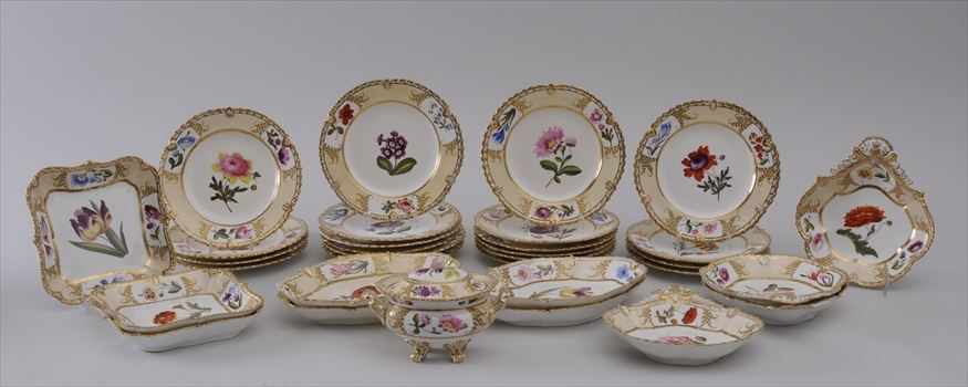 Appraisal: ENGLISH PORCELAIN BOTANICAL DESSERT SERVICE Each with colorful floral specimen