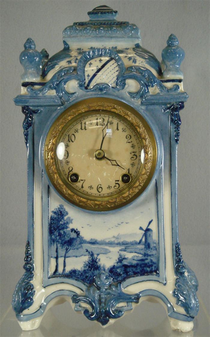 Appraisal: Blue scenic decorated Delft china clock paper dial movement with