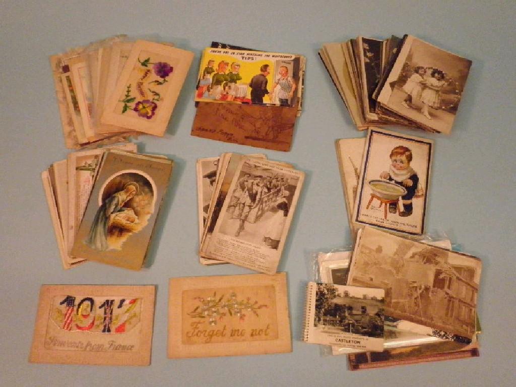 Appraisal: A quantity of silk postcards other postcards etc