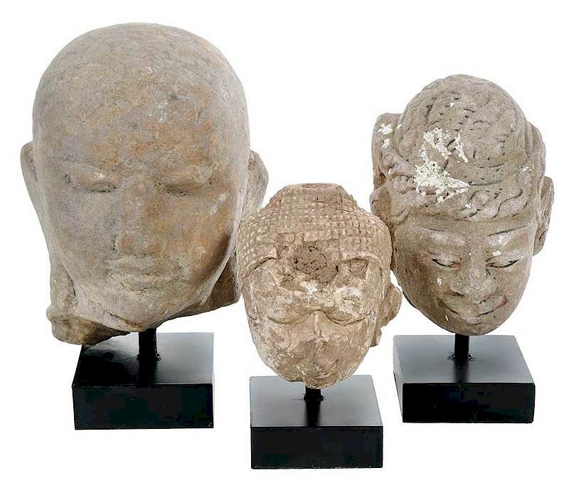 Appraisal: Three Early Stone Buddha Head Fragments Stands Burmese largest head