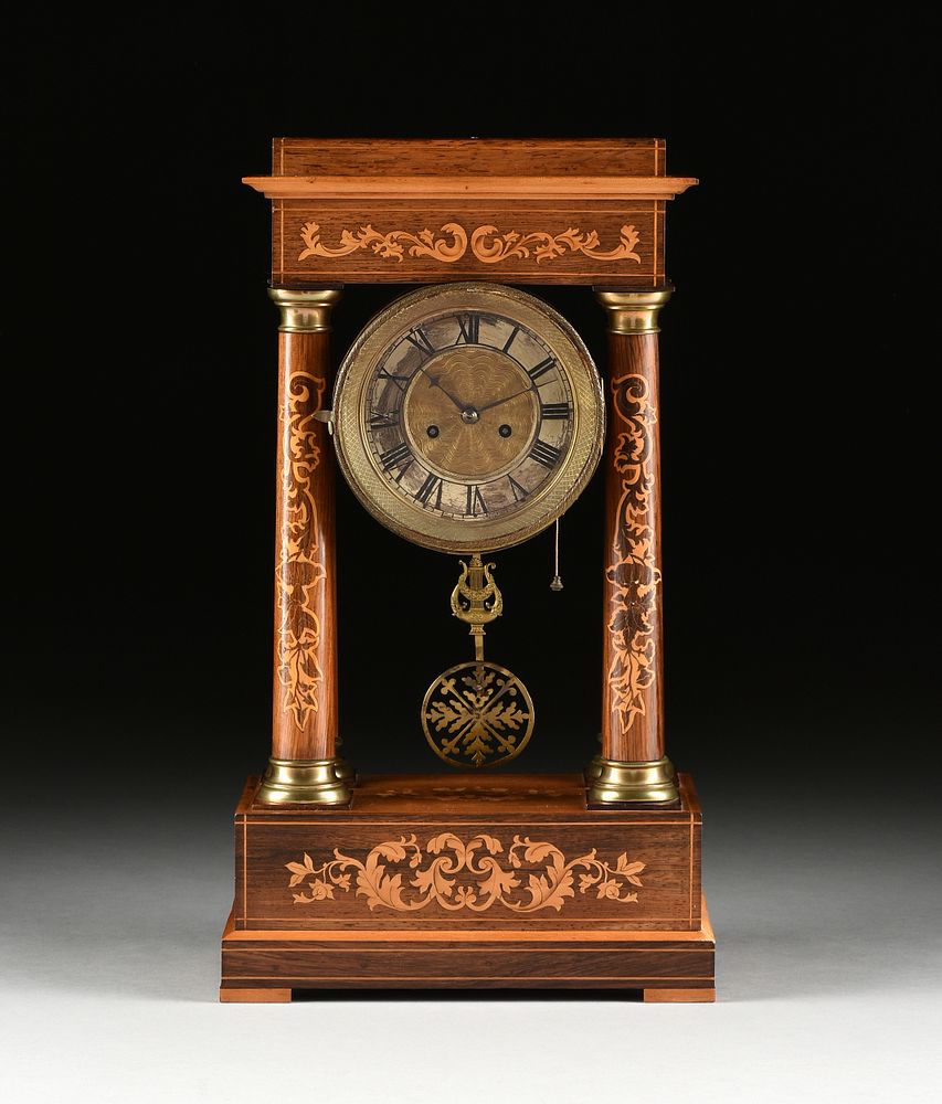 Appraisal: A RESTORATION MARQUETRY INLAID ORMOLU MOUNTED ROSEWOOD PORTICO CLOCK FIRST