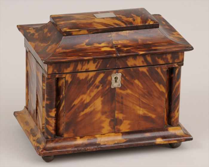 Appraisal: REGENCY TORTOISESHELL SARCOPHAGUS-FORM TEA CADDY The flattened dome hinged lid