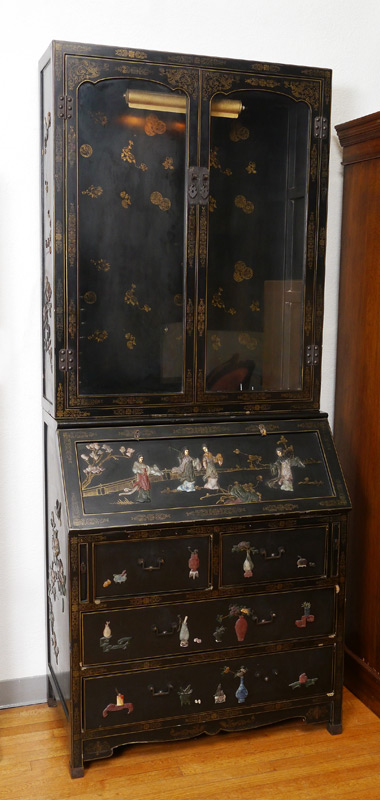 Appraisal: CHINOISERIE SECRETARY CABINET In parts illuminated top section with glass