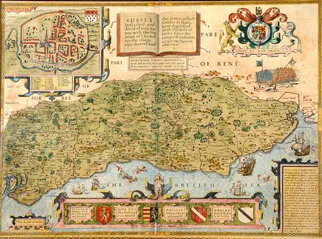 Appraisal: A HAND COLOURED ANTIQUE MAP OF SUSSEX 'Described by John