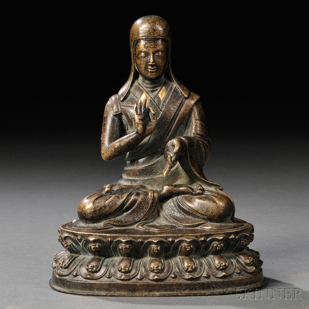 Appraisal: Bronze Lama Tibet depicted seated on a lotus pedestal lobe